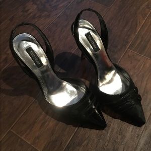 Black patent leather sling back heels